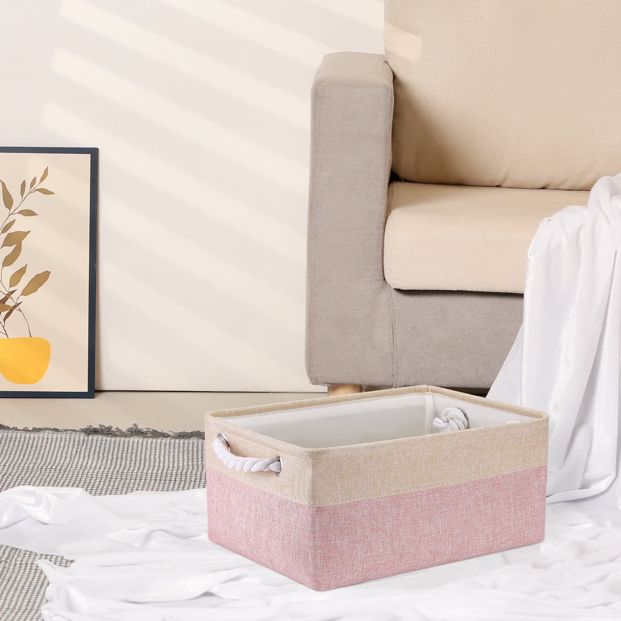Unique Bargains Storage Bin with Handle Fabric Cube Pink/Beige 14*10*6.5in