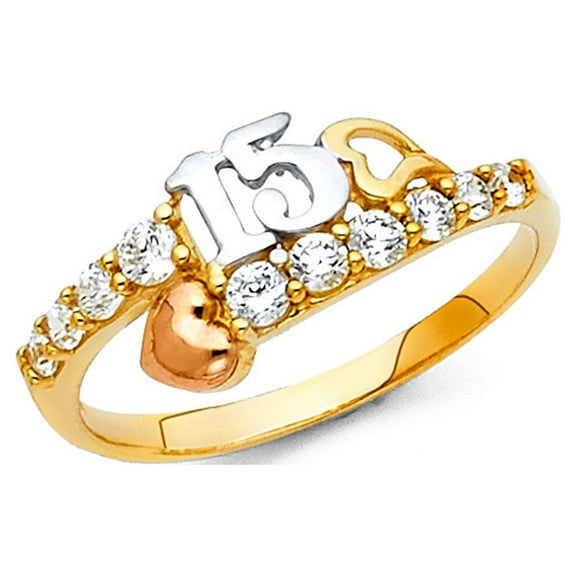 Quinceanera 15 Ring CZ Solid 14k Yellow White Rose Gold Quince Band Heart Stylish Curve Fancy, Size 7