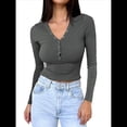 thumbnail image 2 of Camisas de Larga para Mujer, Ropa de Otoño, Blusas Henley, Blusas Informales de Negocios Acanaladas, Conjuntos de Moda. Gris Oscuro M, 2 of 8