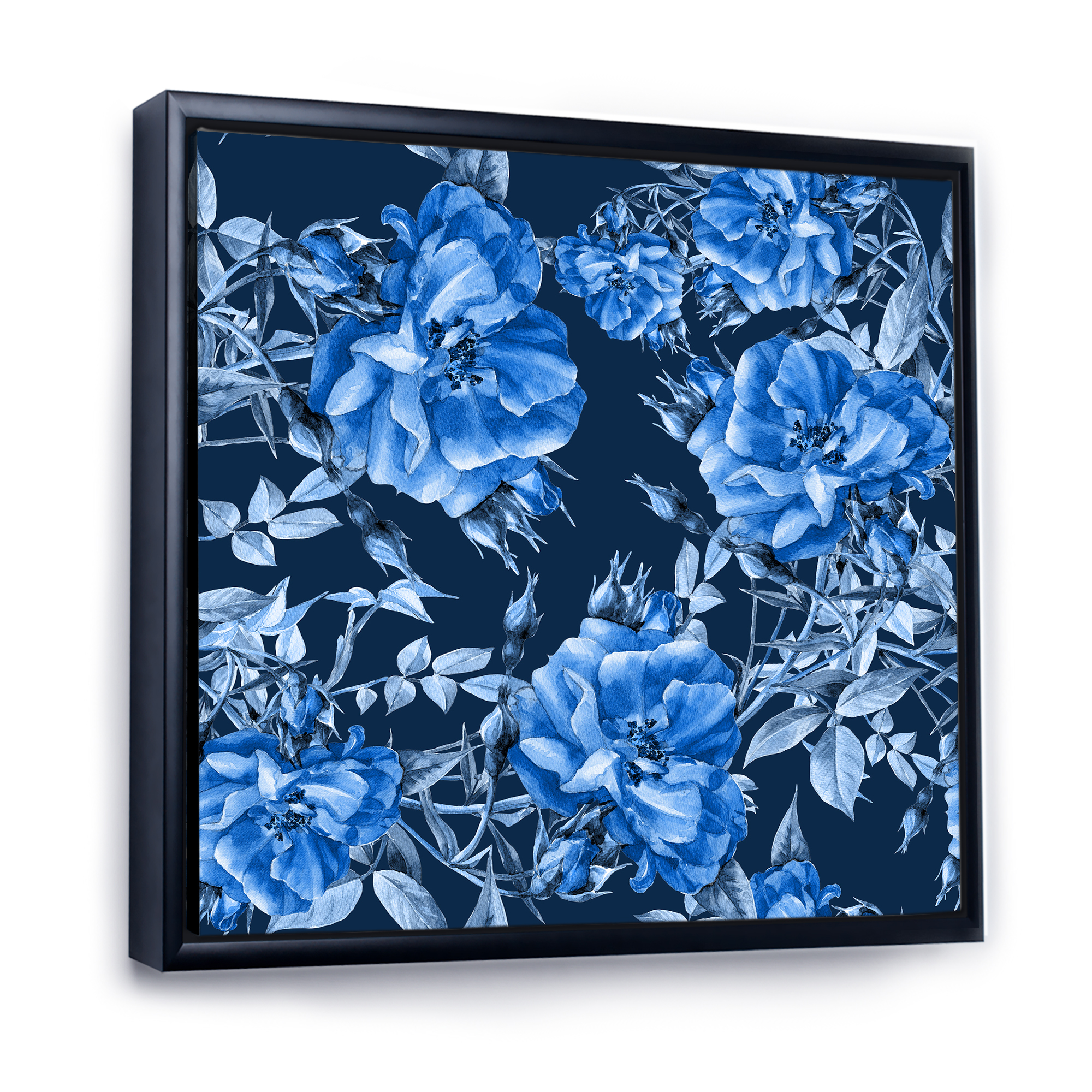 Abstract Blue Wildflowers 16 in x 16 in Framed Painting Canvas Art Print, by Designart