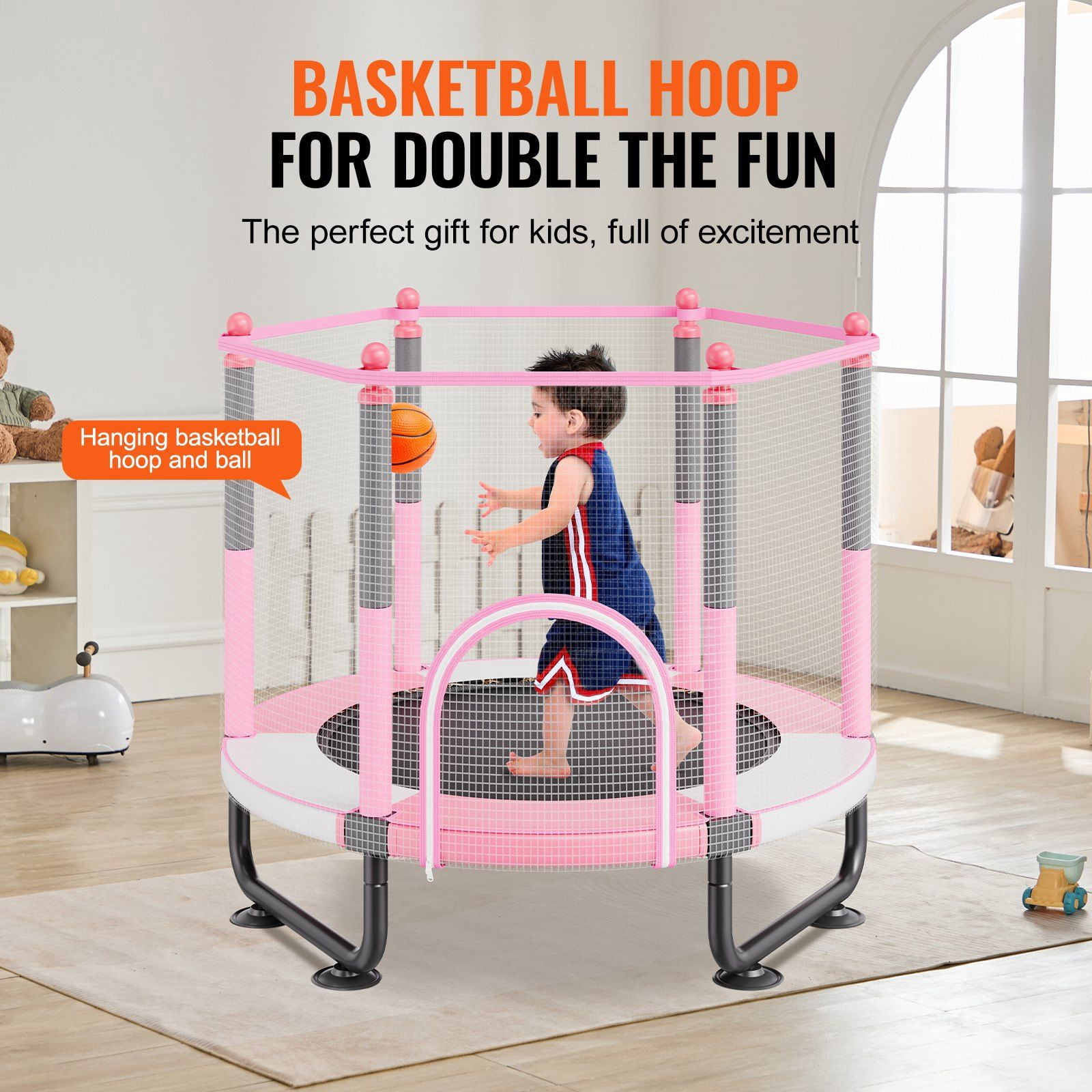 60 Inch Kids Trampoline with Safety Enclosure Net and Basketball Hoop 5FT Indoor Outdoor Mini Trampoline for Toddlers 3+ Years Pink Birthday Christmas Gifts