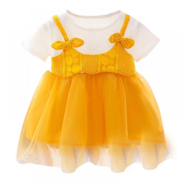 Été Bébé Fille Princesse Robe Faux 2 Pièce Bambin Maille Conception Manches Courtes Coton Robe de Soleil