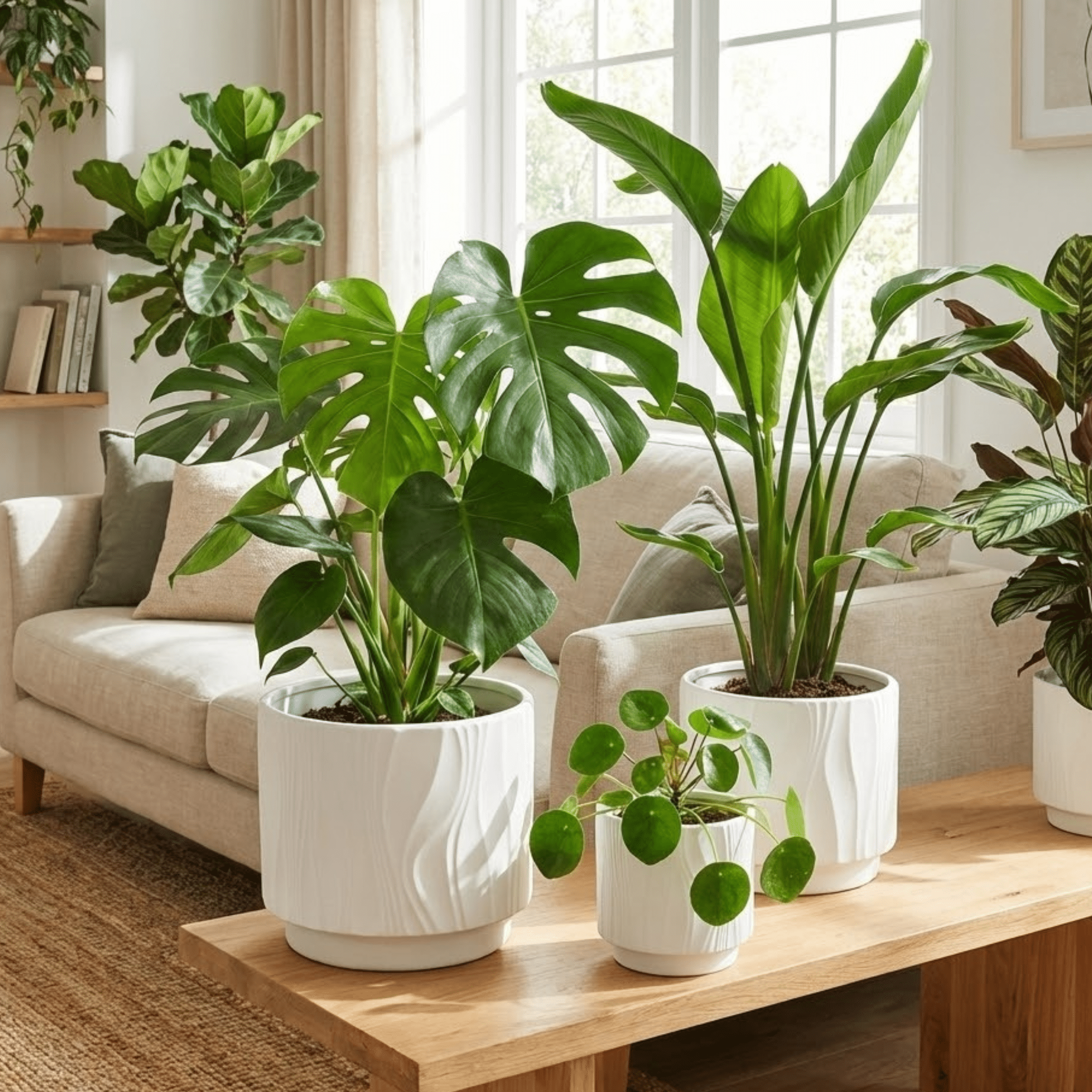 Stoneware Round Planter Set of 3 with Drainage Holes, White Textured Ceramic Flower Pots