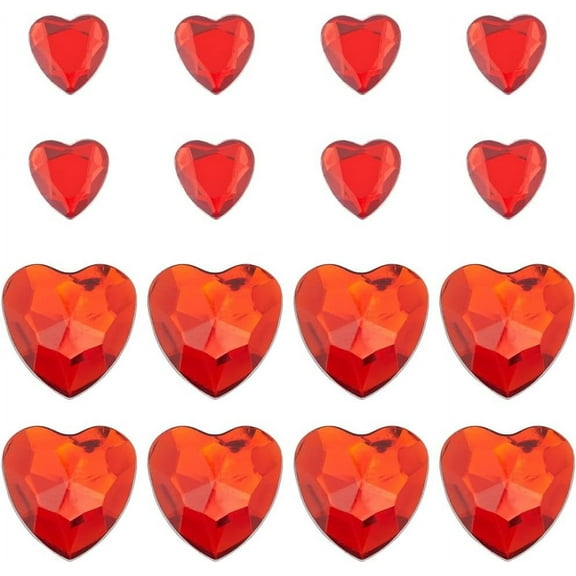 200Pcs 2 Sizes Red Rhinestone Heart Shape Flat Back Faceted Acrylic Rhinestones Plastic Gems Costume Jewels Embellishments