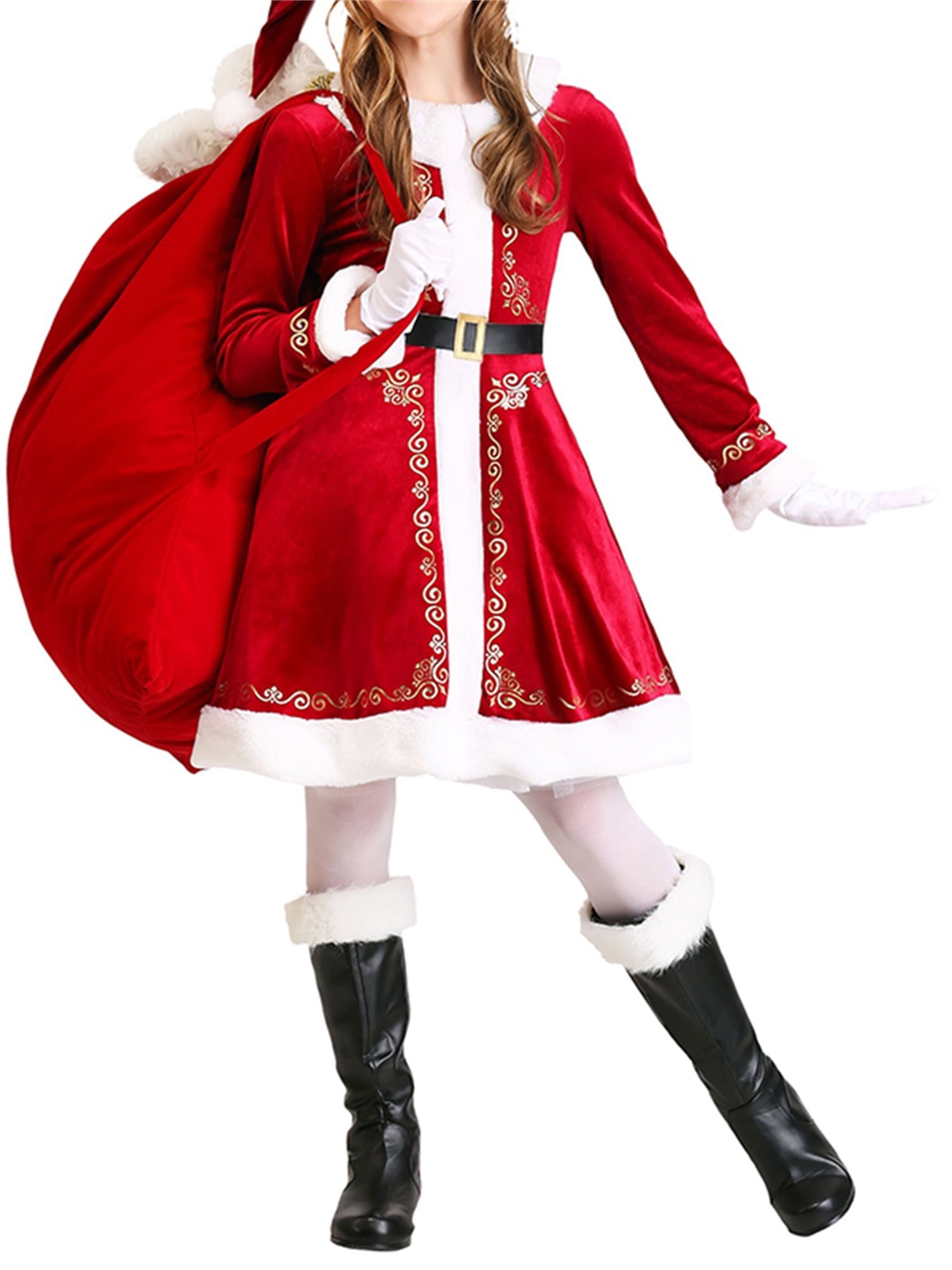 Biekopu Women Santa Dress Mrs Claus Costume Set Long Sleeve Christmas Dress  Cosplay 2 Piece Hooded Dresses(4pcs Santa Dress,S) 