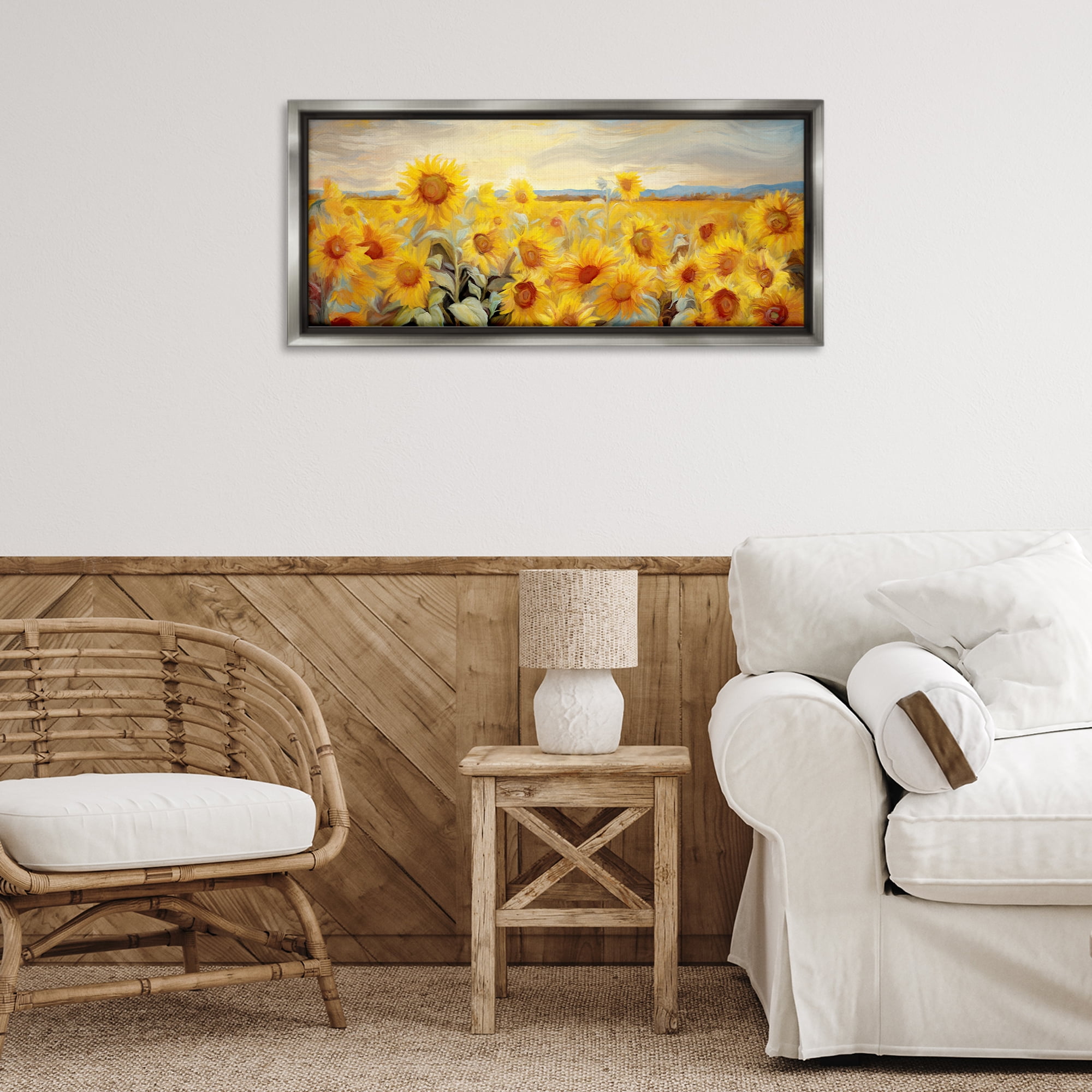 Stupell Industries Panoramic Sunflower Field Landscape & Nature Painting Gray Floater Framed Canvas Art Print Wall Art, 31 x 14
