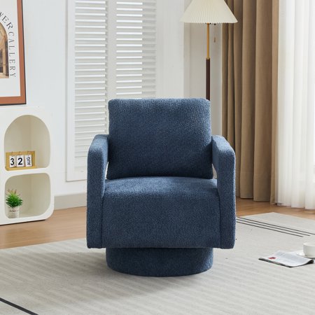 Navy Boucle Swivel Accent Chair - 29" Modern Rotating Armchair for Living Room, Bedroom & Hotel. 360° Rotation, Removable Cushion.