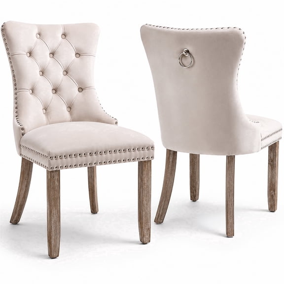 PAPROOS Dining Chairs Set of 2, Velvet Upholstered Dining Chairs with Button Tufted Back, Back Ring and Naihead Trim, Modern Farmhouse Kitchen Chairs with Solid Wood Legs for Home Kitchen, Beige