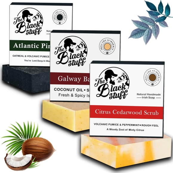 The Black Stuff Barra de jabón orgánico natural – Paquete de 3 jabones con ingredientes orgánicos y aceites esenciales – Jabones perfumados hechos a mano para hombres – Jabones de alquitrán de pino, m