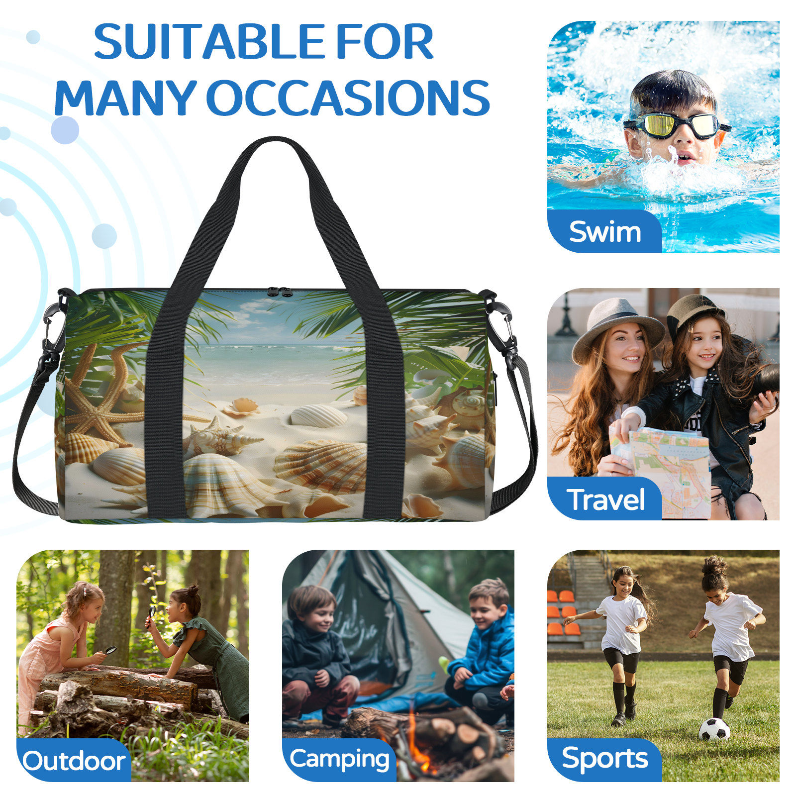 Herdesigns Ocean Beach Seashell Palm Tree Gym Bag for Women, Duffle Bag for Travel Sport, Lightweight Waterproof Carry on Weekender Overnight Dance Yoga Workout Bags