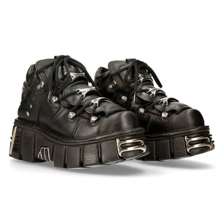 New Rock Unisex Metallic Black Gothic Leather Biker Boots, Classic