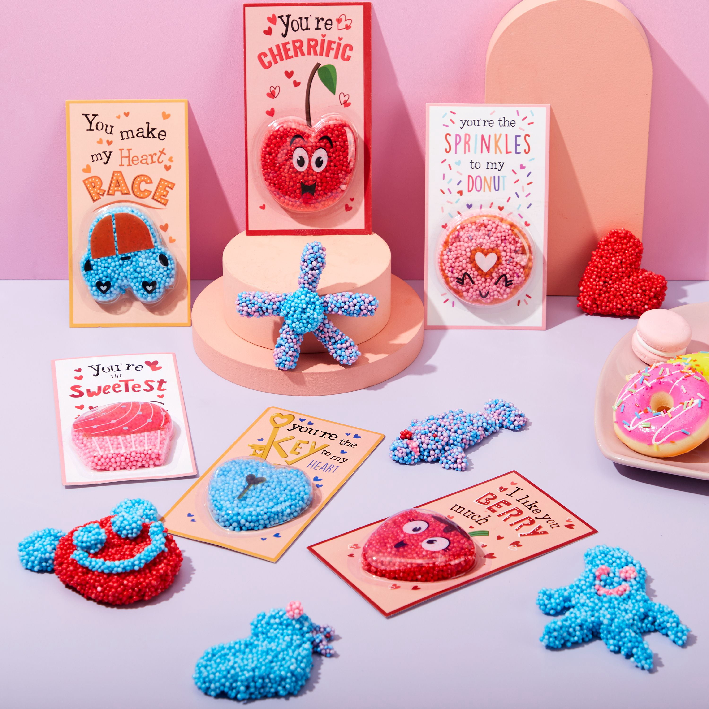 Joyfy 30 Packs Valentine's Day Gift Cards with Play Modeling Squashy Bead Foam, Fun Modeling Foam Toy for Valentine Party Favor, School Classroom Gift Exchange Prizes