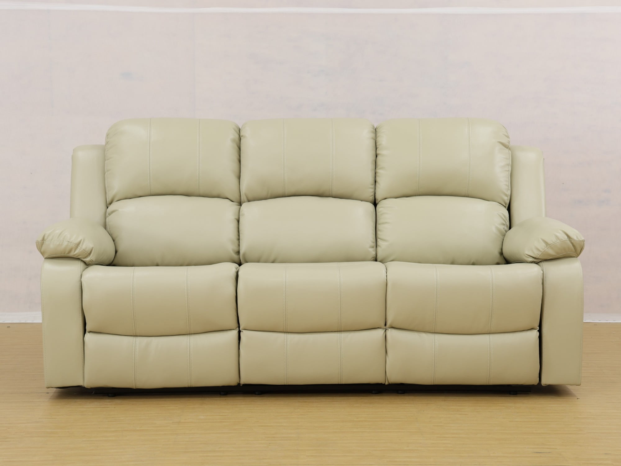 Gewnee Beige 3-Seater Sofa with Console & Cup Holders, Air Leather & High-Elastic Sponge, Adjustable Recline, Perfect for Living Rooms