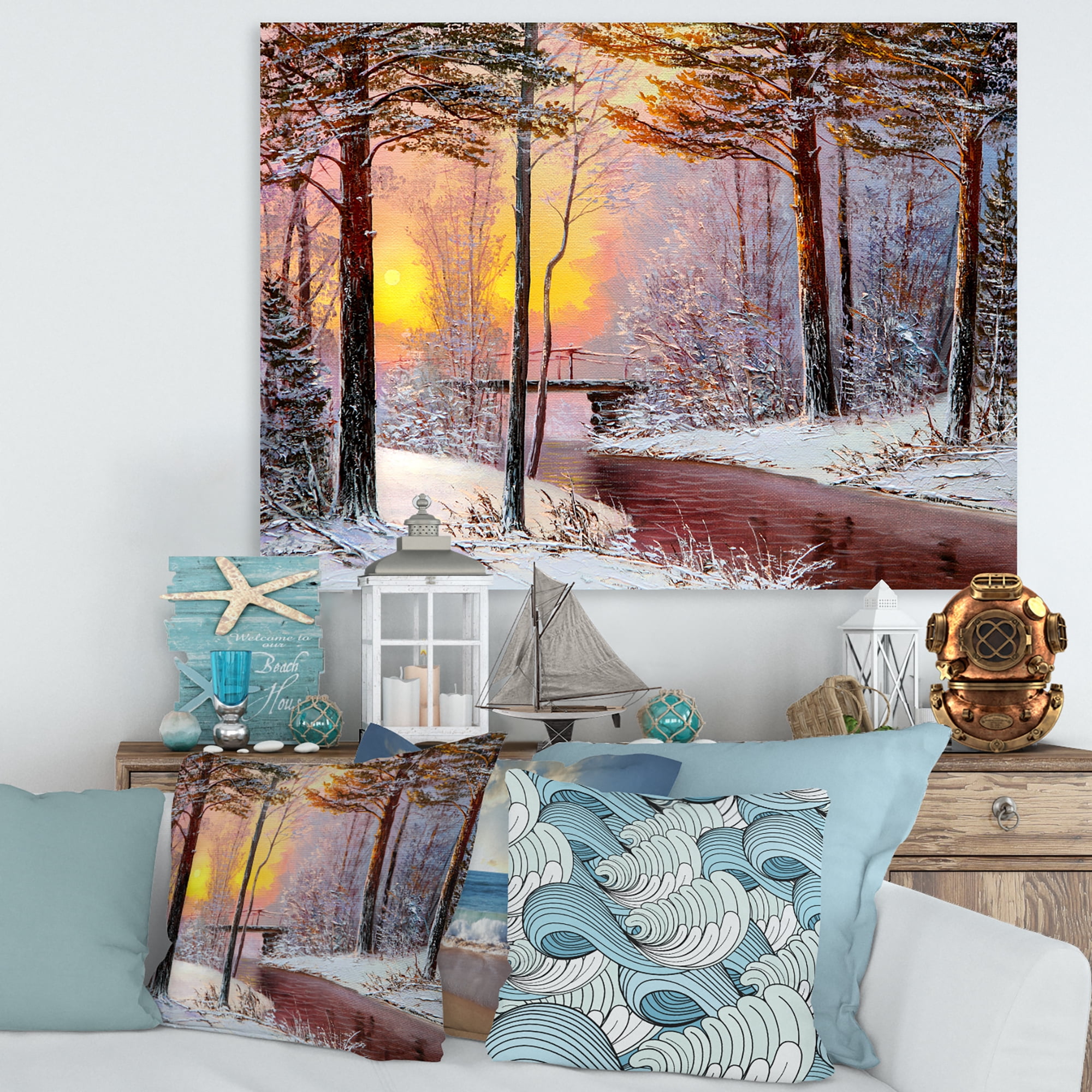 Designart ' Christmas Forest With Trees and River IV ' Traditional Canvas Wall Art Print