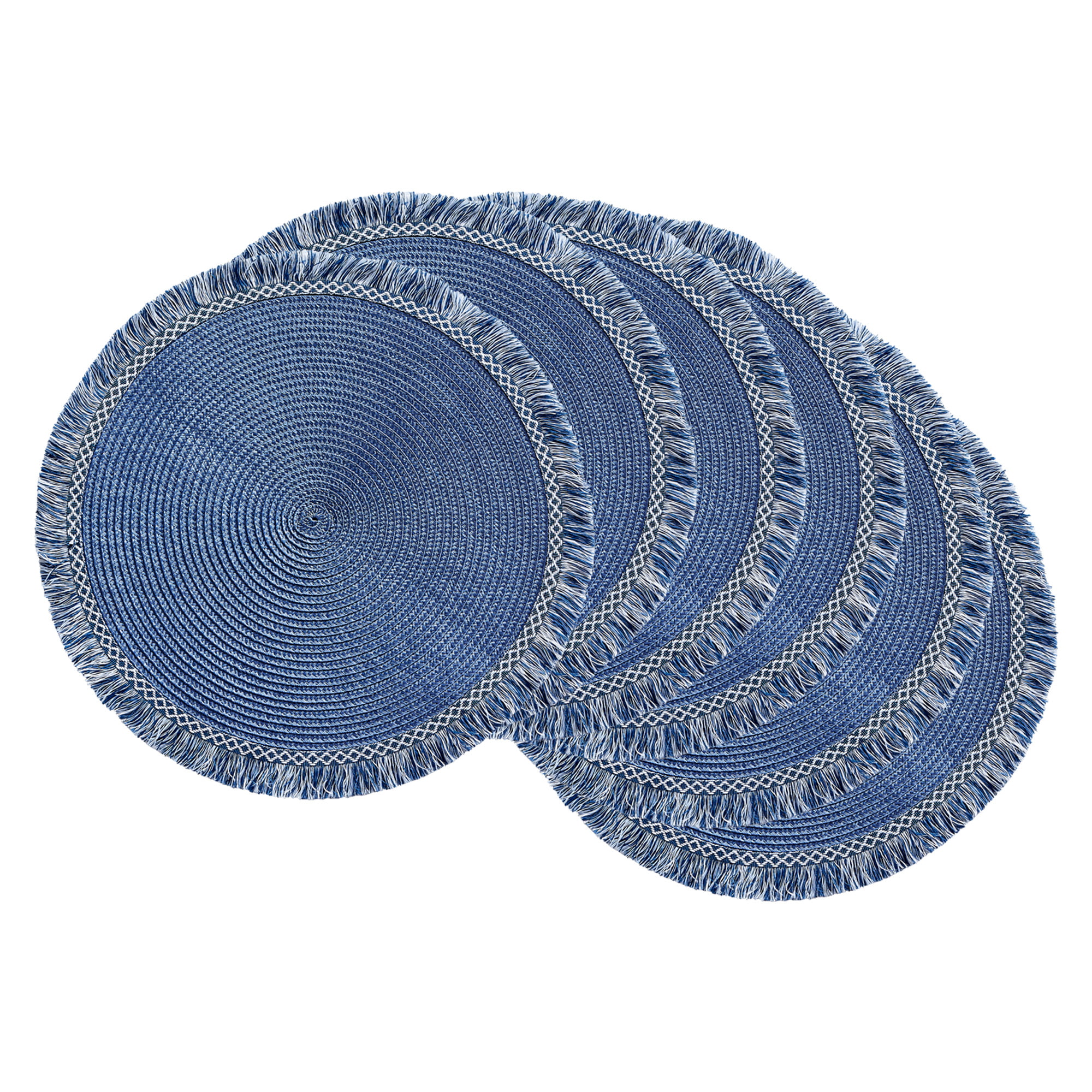 Blue Oblong Cotton Blend Set of 4 Fringed Placemats