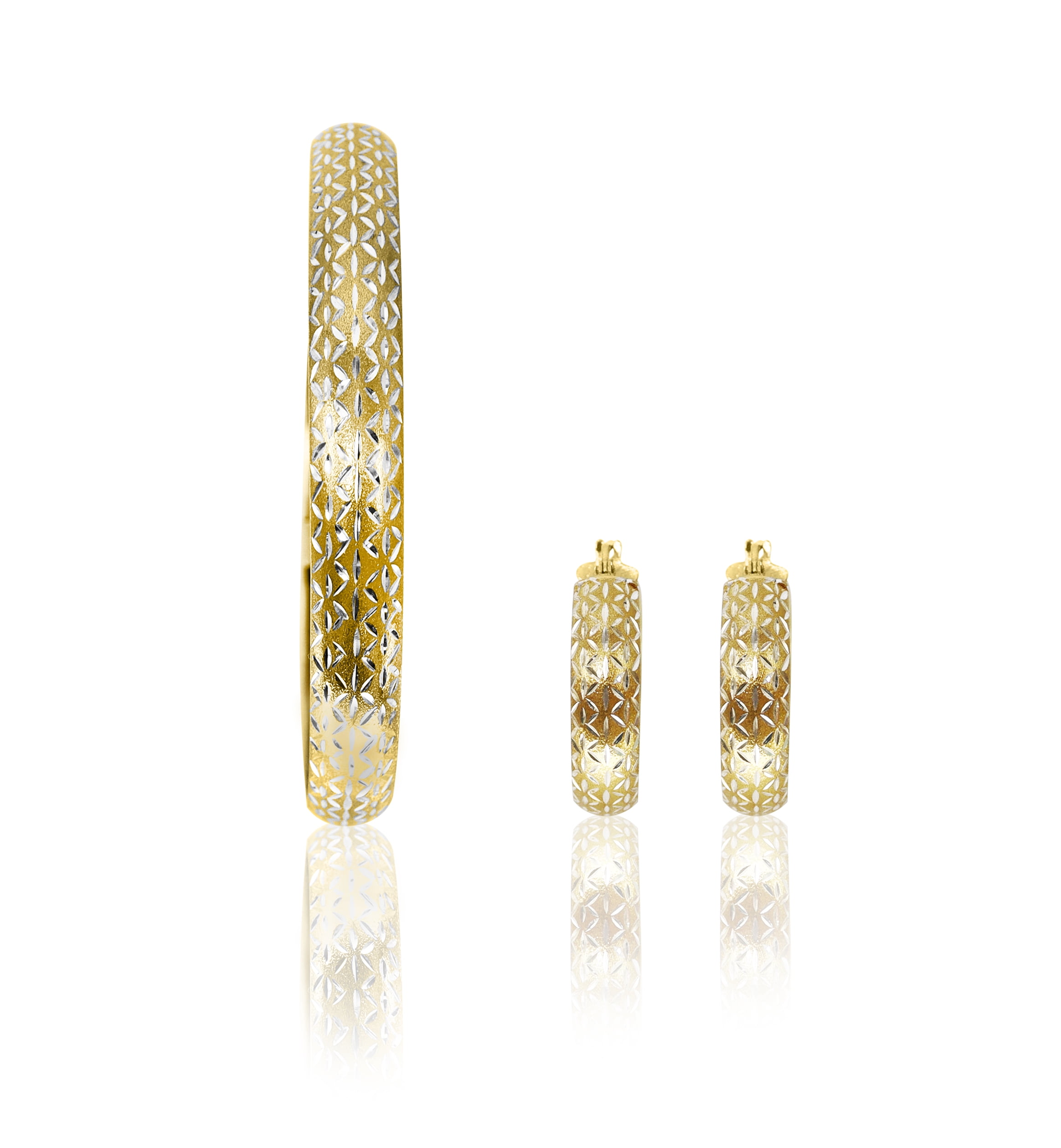 Brilliance Fine Jewelry 18K Gold Plated Sterling Silver Diamond Cut Women's Flex Bangle & Hoop Earrings Set