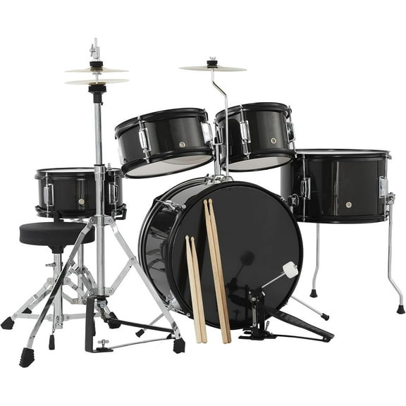 5-Piece Drum Set, Complete Kit with Bass Drum, Tom, Snare, Hi-Hat, Cymbal & Pedal, 16in Full Drum Set with Drumsticks and Stool, Black