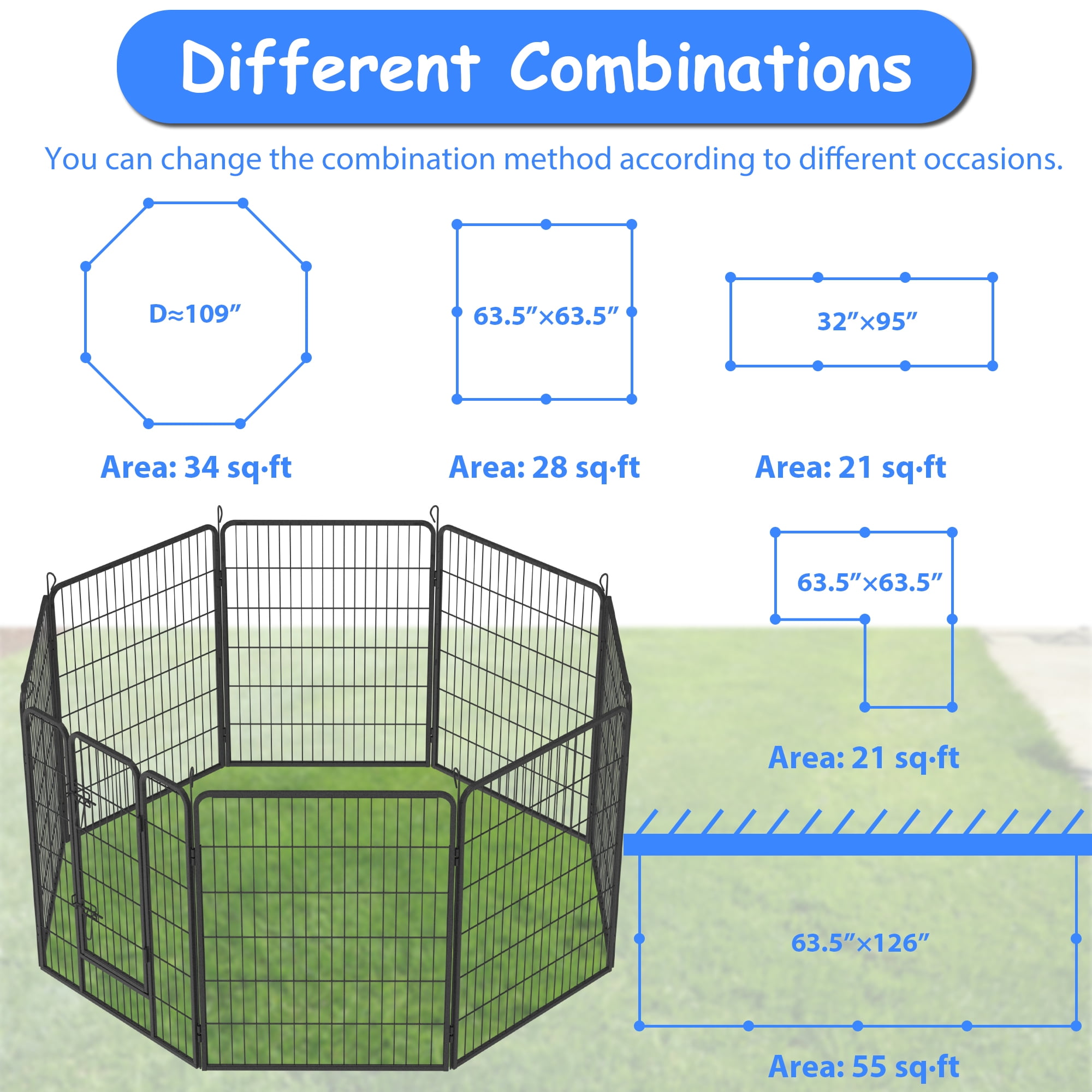 40" Outdoor Dog Fence Heavy Duty Dog Pens 8 Panels Temporary Pet Playpen with Doors Metal Exercise Pens Puppy Playpen