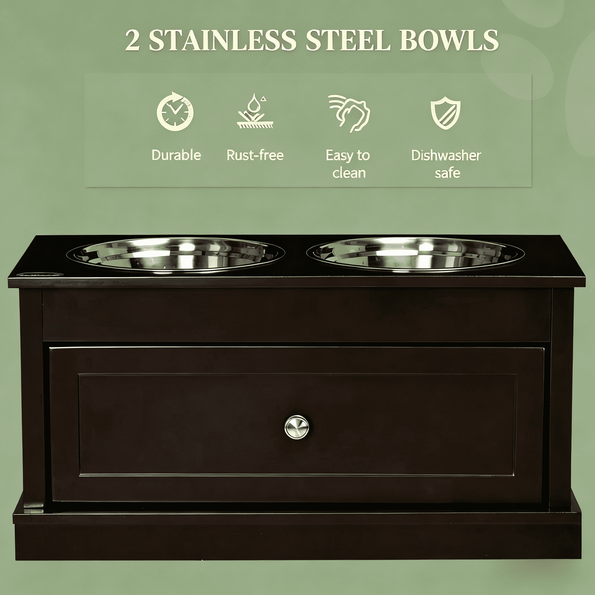 Elevated Dog Bowls with Storage Drawer, Raised Pet Feeder Station with Dishwasher Safe Stainless Steel Bowls, Modern MDF Feeding Stand in Espresso Brown for Large Dogs