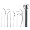 thumbnail image 1 of Palillos de dientes de metal para juego de dientes (7 piezas), juego de bolsillo portátil reutilizable de acero inoxidable con dispensador de soporte, palillos de frutas, 1 of 5