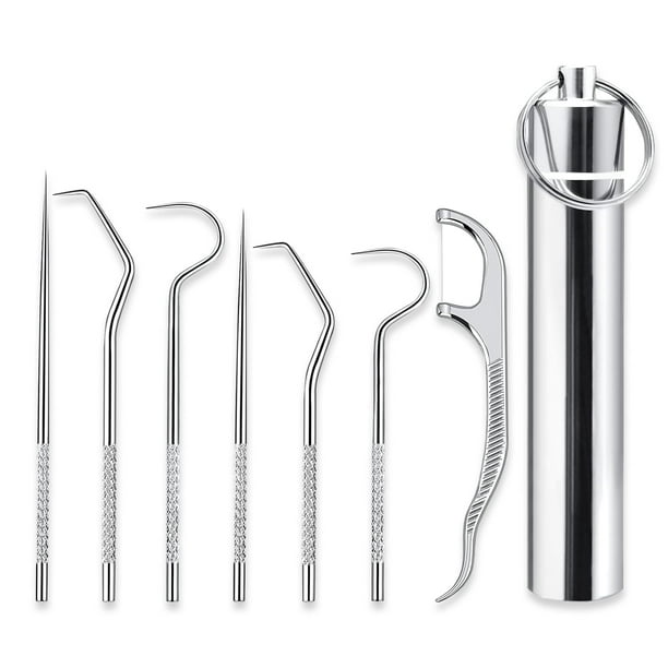 Palillos de dientes de metal para juego de dientes (7 piezas), juego de bolsillo portátil reutilizable de acero inoxidable con dispensador de soporte, palillos de frutas