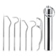 thumbnail image 1 of Palillos de dientes de metal para juego de dientes (7 piezas), juego de bolsillo portátil reutilizable de acero inoxidable con dispensador de soporte, palillos de frutas, 1 of 5