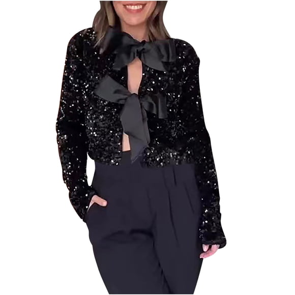 yoeyez Women's Velvet Tops Long Sleeve Cropped Sequin Blouse Trendy Cute Bow Tie Front Shirt Holiday Glitter Party Hollow Out Tops