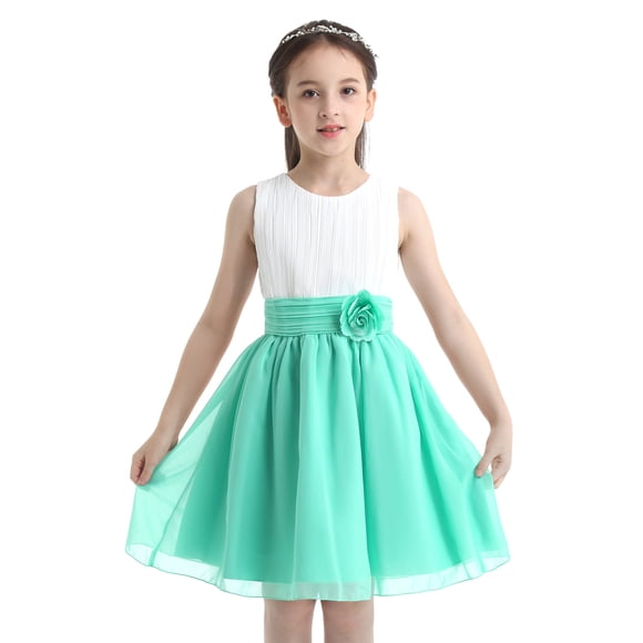 Miaeowve Festive Girls Dresses for Wedding Summer Bridesmaids Flower Girl Chiffon Dress Elegant Birthday Party Dress White&Turquoise 14