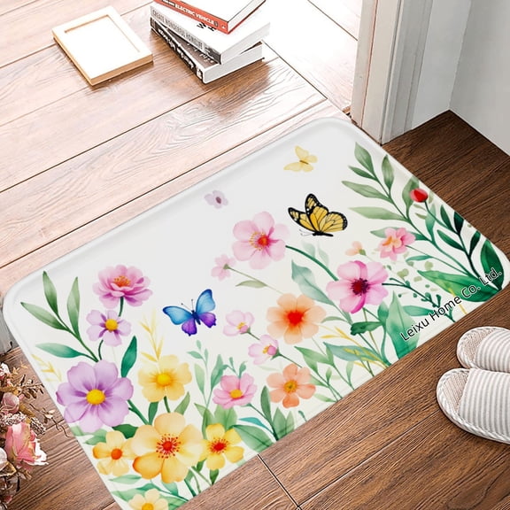 FJPT Non Slip Flannel Polyester Floor Mat With Floral And Butterfly Design For Bathroom Kitchen Bedroom Decor 31.5x19.7 inch