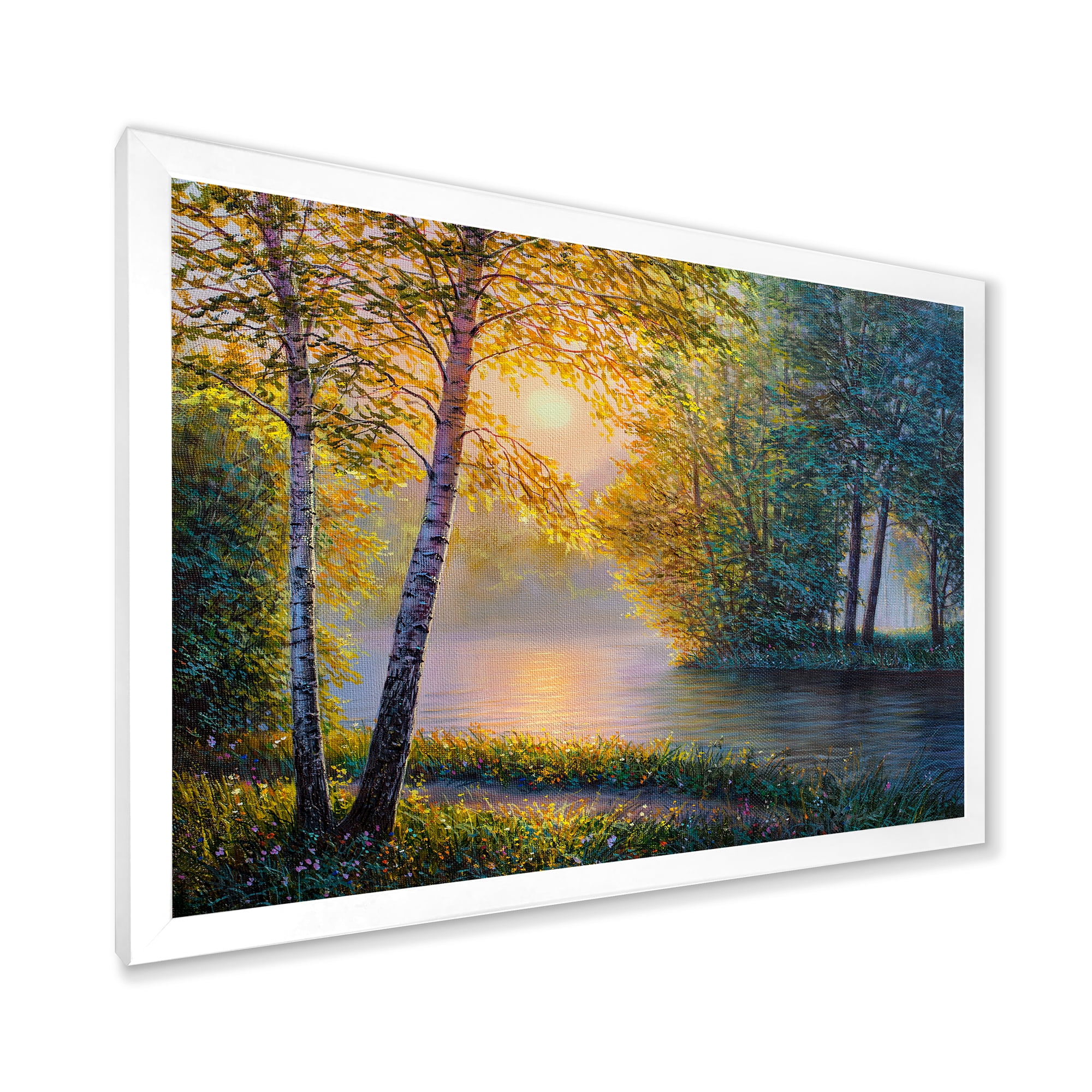 Sunrise Summer With Beautiful River Spring Forest 40 in x 30 in Framed Painting Canvas Art Print, by Designart