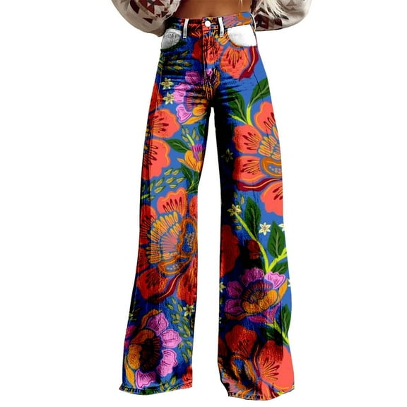 yunLCZ Womens Dress Pants Women's Vintage Flower Print Casual Wide Leg Pants Office Slacks