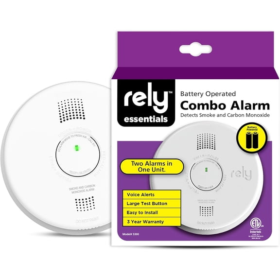 Rely 5300-2-in-1 Smoke & Carbon Monoxide Detector - Battery-Operated with Siren, Voice Alerts and LED Lights - Fire & CO Protection - 1 Pack