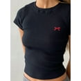 thumbnail image 5 of Women Bow Print Short Sleeve T Shirt Y2K Cute Graphic Crop Top Slim Fit Fairy Grunge Aesthetic Baby Tees Steetwear, 5 of 7
