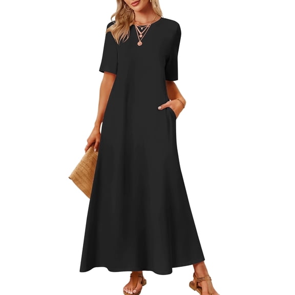 Merokeety Womens Summer Crewneck Maxi Dress Black XXL