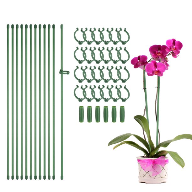 12 estacas de soporte para plantas, estacas ajustables de un solo tallo de 17.7 pulgadas con clip y tubo de conexión para orquídea, rosa, tomate