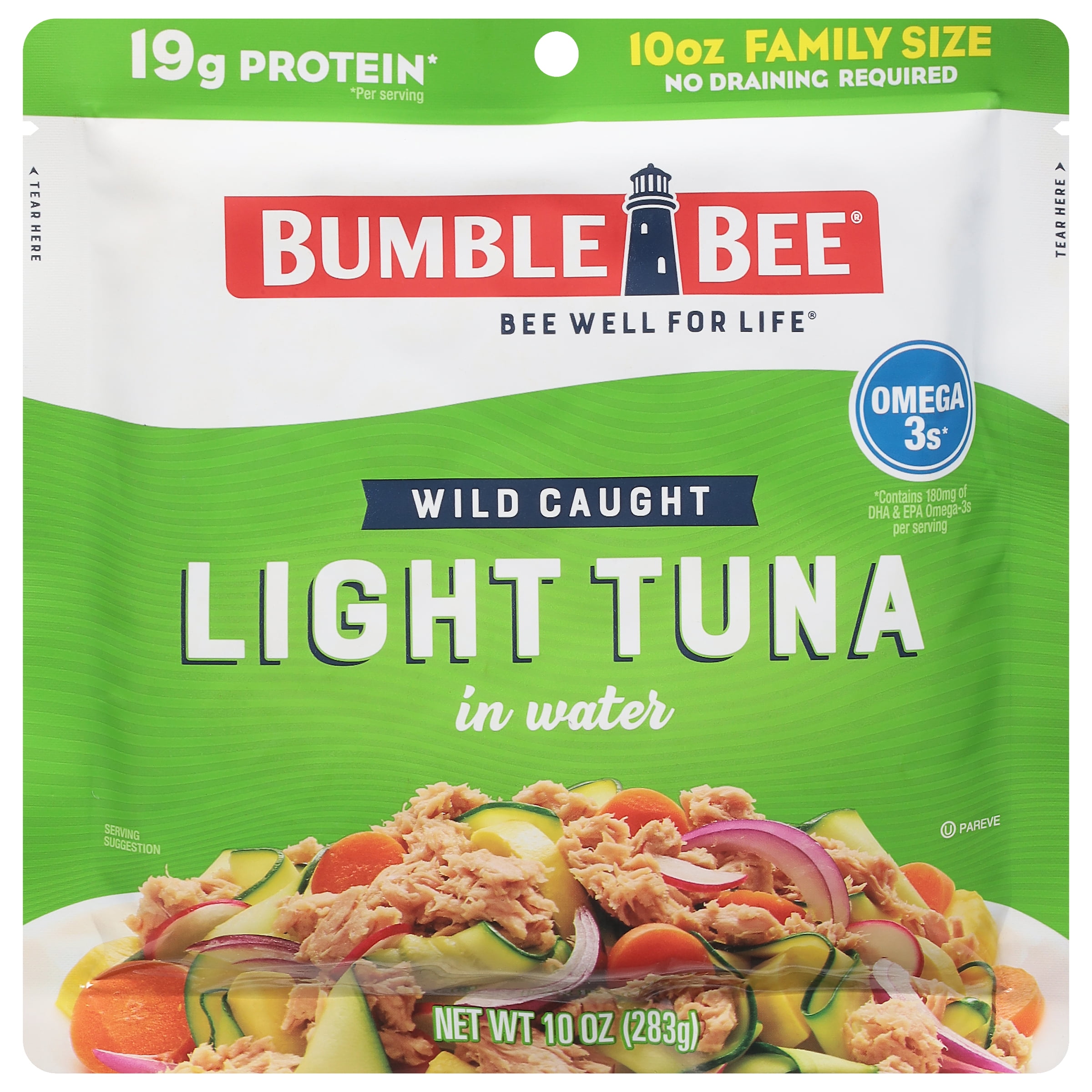 (10 pack) Bumble Bee Chunk Light Tuna in Water, Wild Caught Skipjack Tuna, Gluten Free, 19g Protein per Serving, Family Size, Shelf Stable Pouch, 10 oz