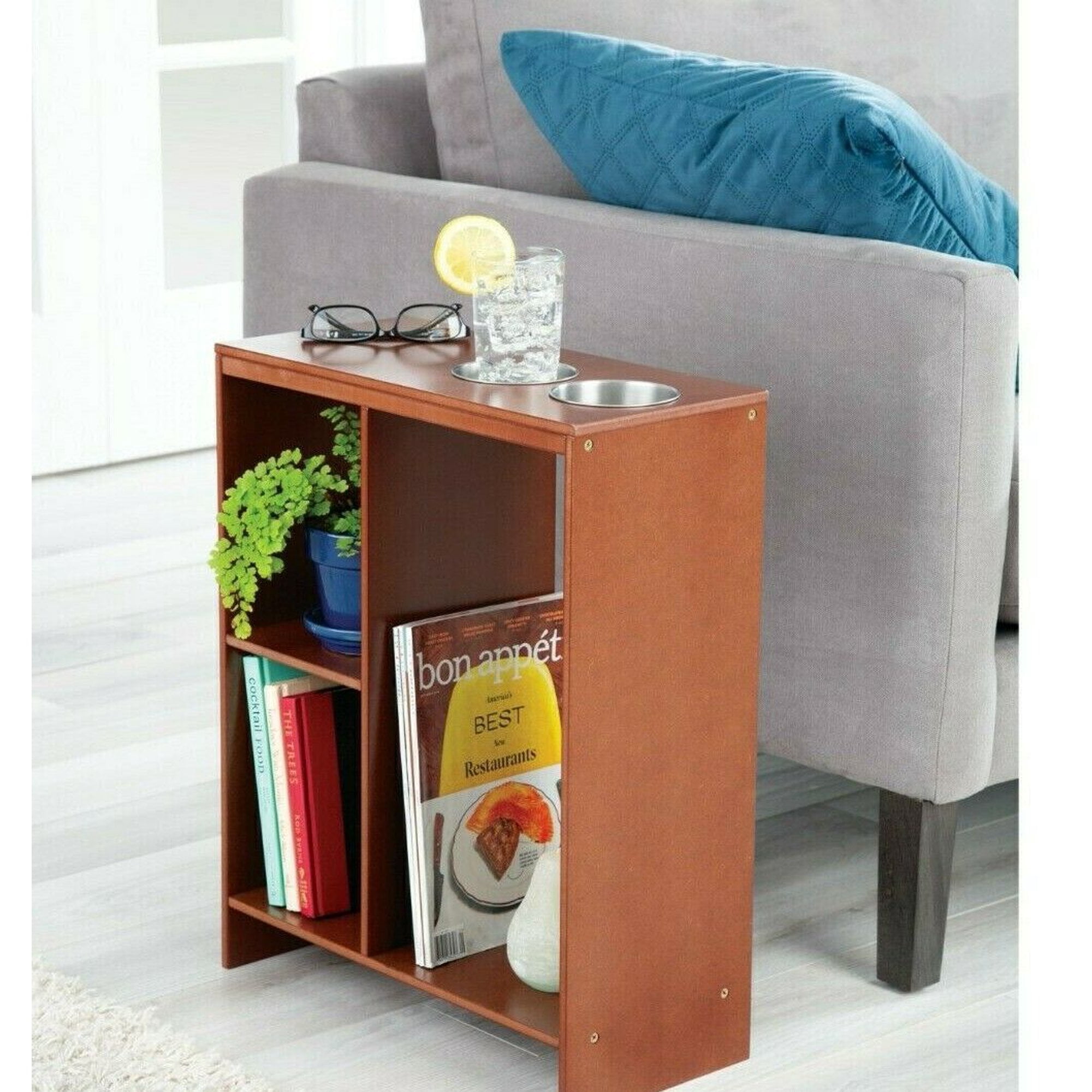 Slim Bedside End Table Cup Holders Shelving Magazine Rack Cellphone Holder Walnut Walmart