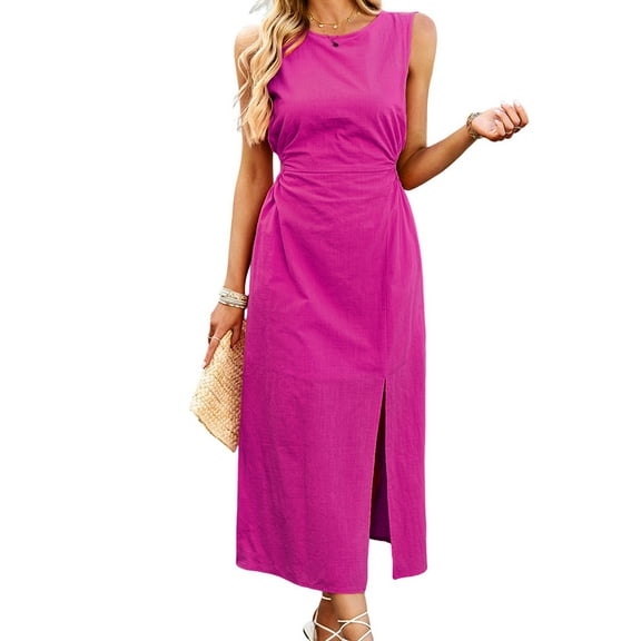 Womens Casual Dresses Solid Color Dress Long Sleeveless Vest Skirt Summer Temperament Waist Cinching Rose Red XL