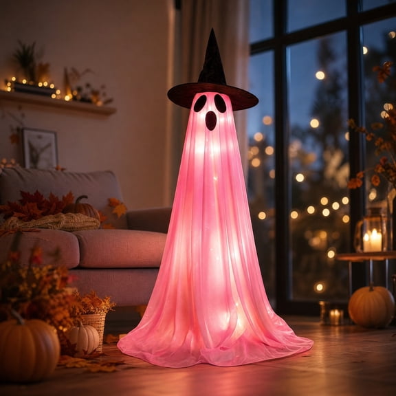 Pink Witch Hat Ghost LED Light Halloween Decorations Mild Spooky Figurine for Porch Steps Front Yard Lawn Farmhouse Fall Home Party Decorations, 57.11IN