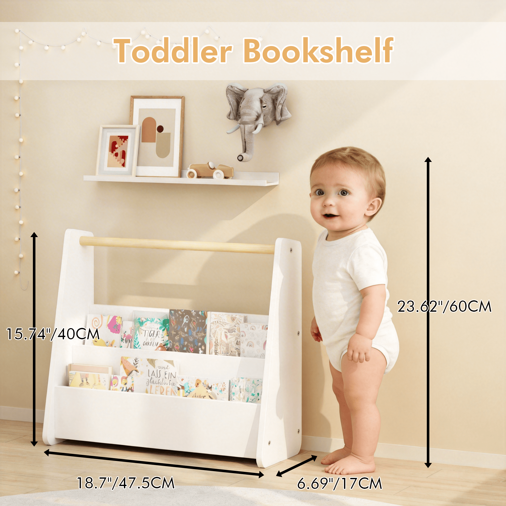 Wooden Handle Bookshelf, 2-Tier Front-Facing Toddler Bookcase Rack, Portable Book Storage Display Organizer for Playroom Nursery Classroom, White