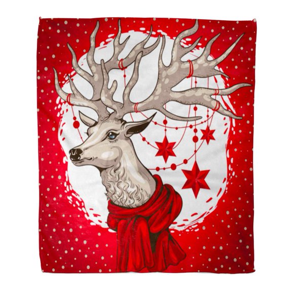 SIDONKU Flannel Throw Blanket Deer Head Beautiful Big Horns Decorated Christmas Garland Stars Soft for Bed Sofa and Couch 58x80 Inches