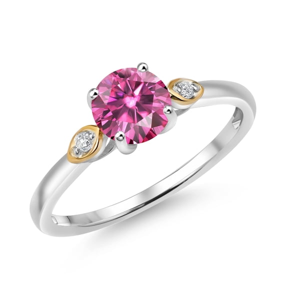 Gem Stone King 925 Silver and 10K Yellow Gold Pink Moissanite and White Lab Grown Diamond 3-Stone Engagement Ring for Women (0.83 Cttw, Round 6MM, Gemstone Birthstone, Size 8)