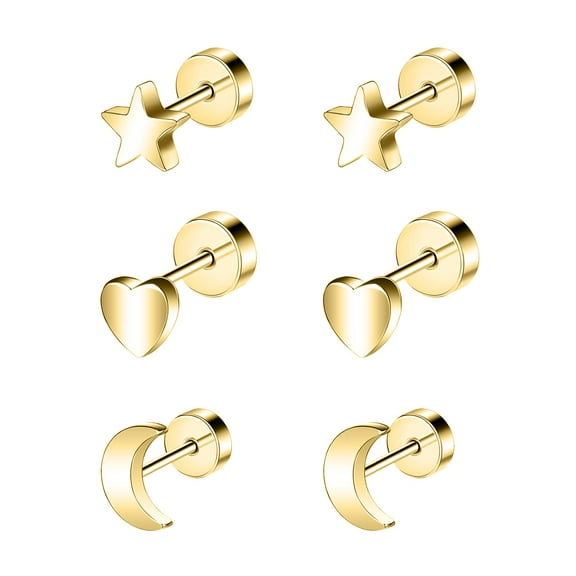 ZS 20G 3 Pairs Heart Stud Earring Star Cartilage Conch Helix Piercing Moon Ear Piercing Jewelry