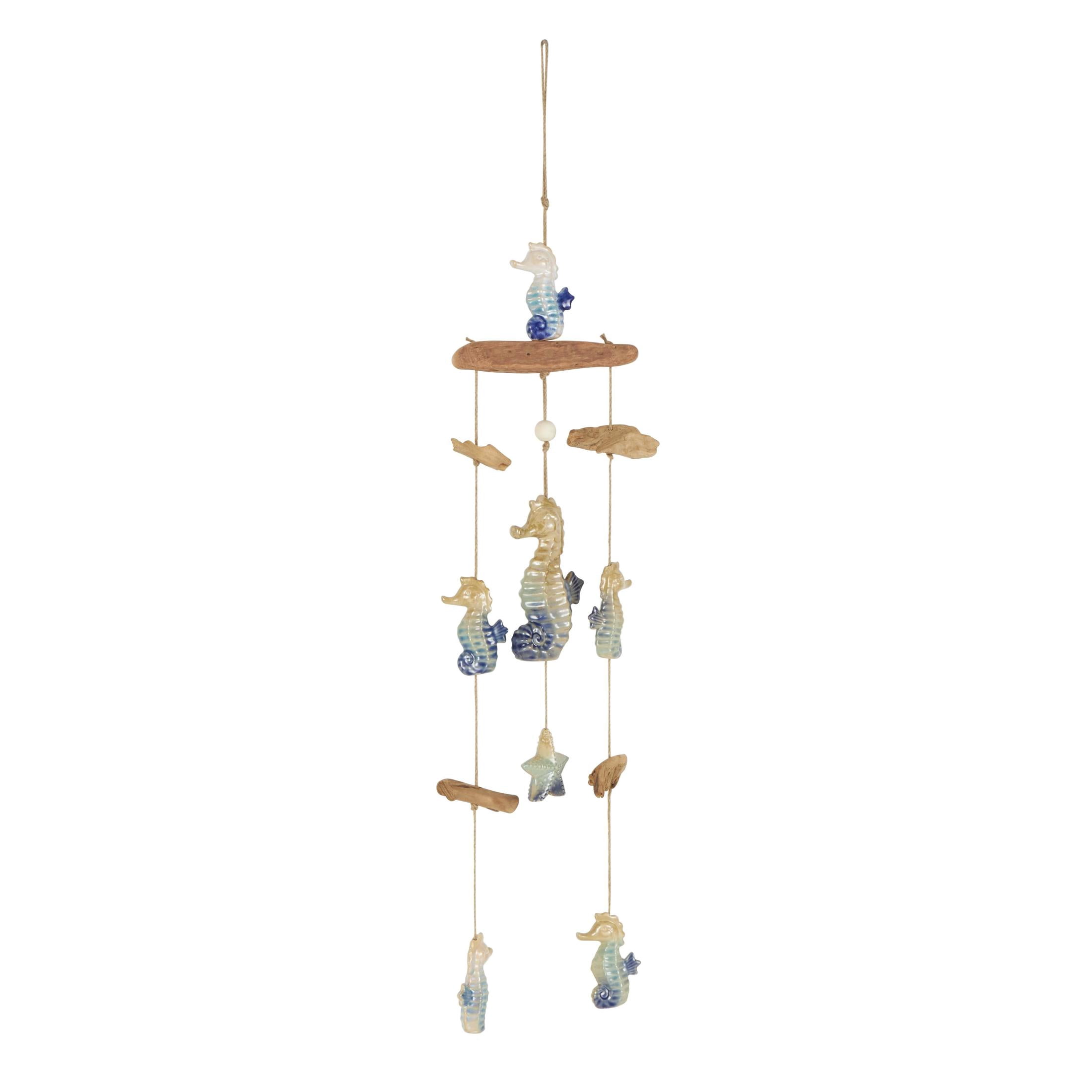 DecMode 41" Blue Ceramic Ombre Starfish Windchime with Driftwood and Hanging Starfish Accents