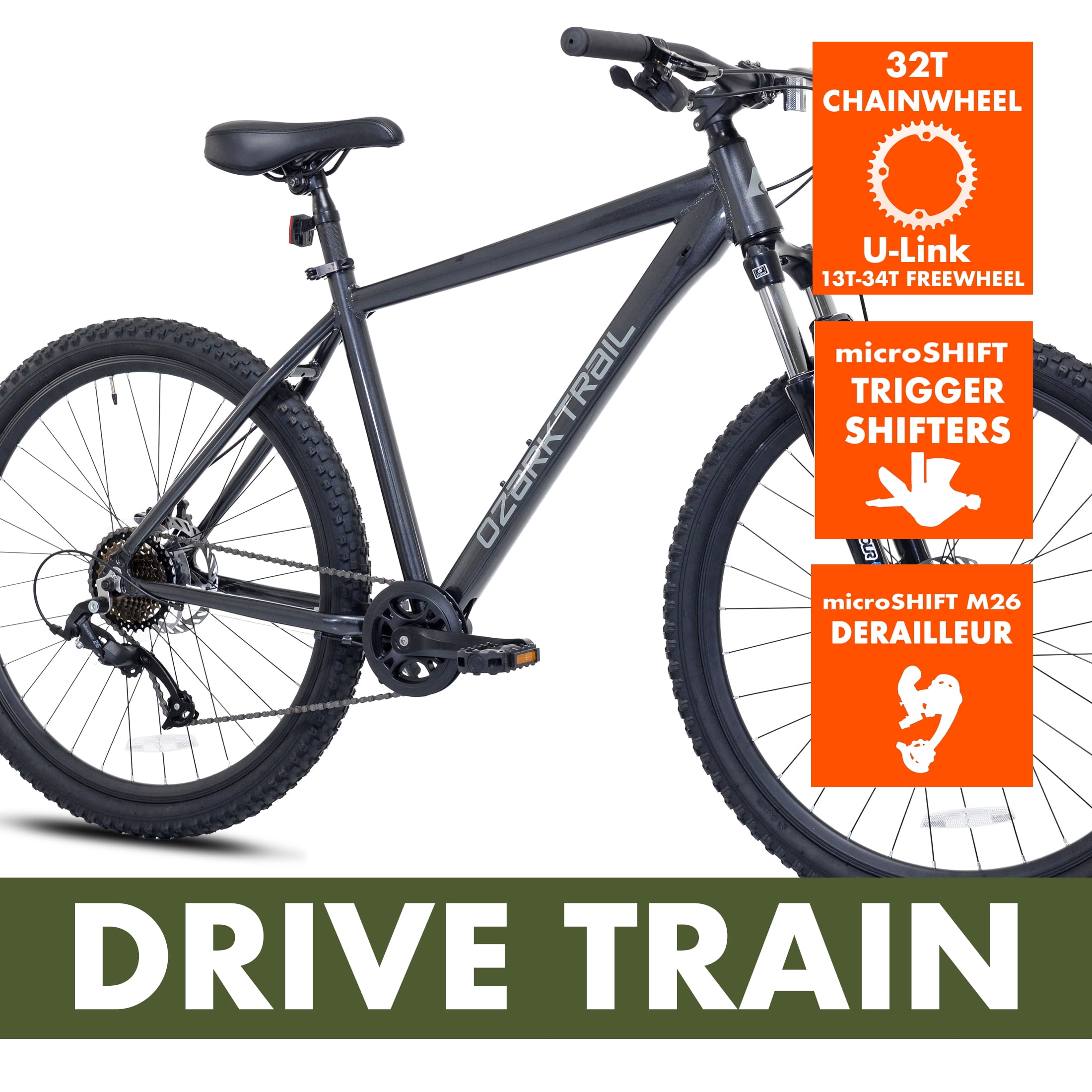 27.5" Ozark Trail Timber Mountain Bicycle, Large Frame, Fits Riders 5'9" - 6'2", Black, Adult, Unisex