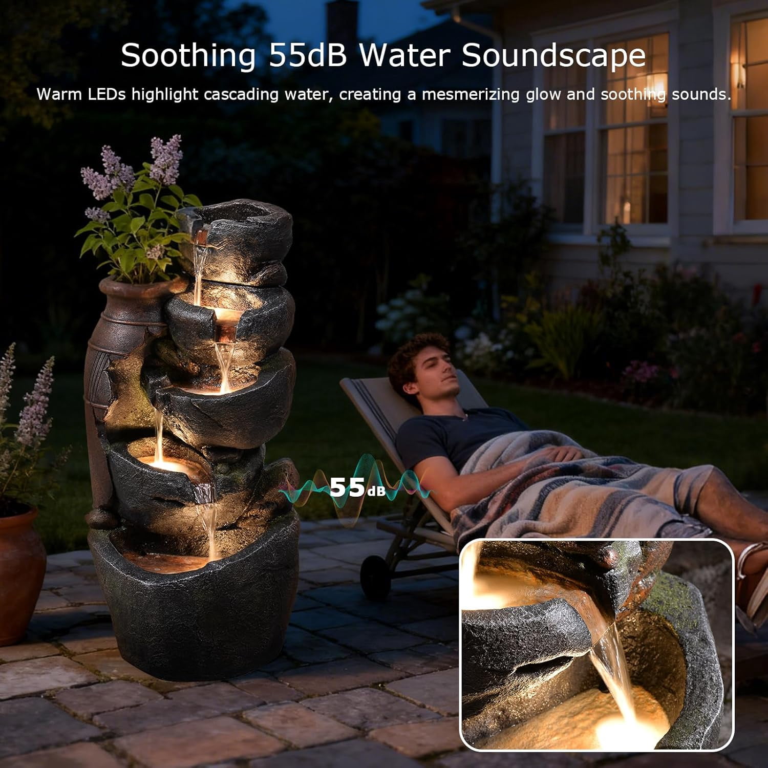 5 Tiered Rock Water Fountain Outdoor with Vintage Jar, Cascading Waterfall Fountain with LED Lights, Outdoor Fountains for Garden or Patio, Yard, and Deck Decor, 16.5" L x 12.6" W x 31.7" H