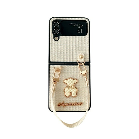 Compatible with Samsung Galaxy Z Flip 5 Cute Bear Case with Wrist Strap Anti-Scratch Case for Women Girls-White