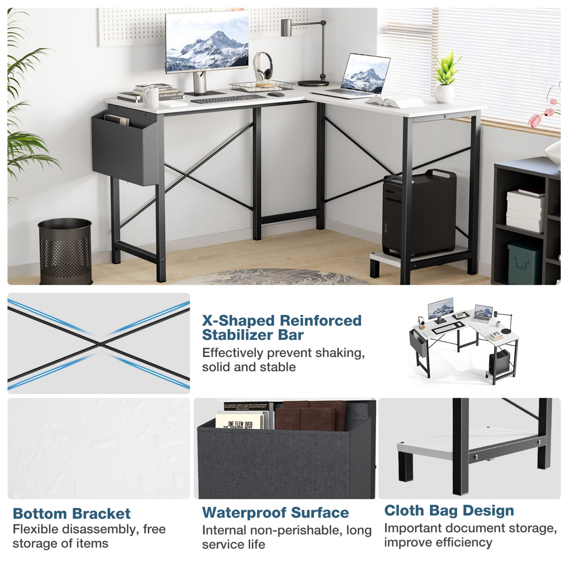 AENKYO 50" Reversible L-Shaped Computer Desk with Storage Bag & CPU Stand, Corner Desk for Home Office or Gaming, White