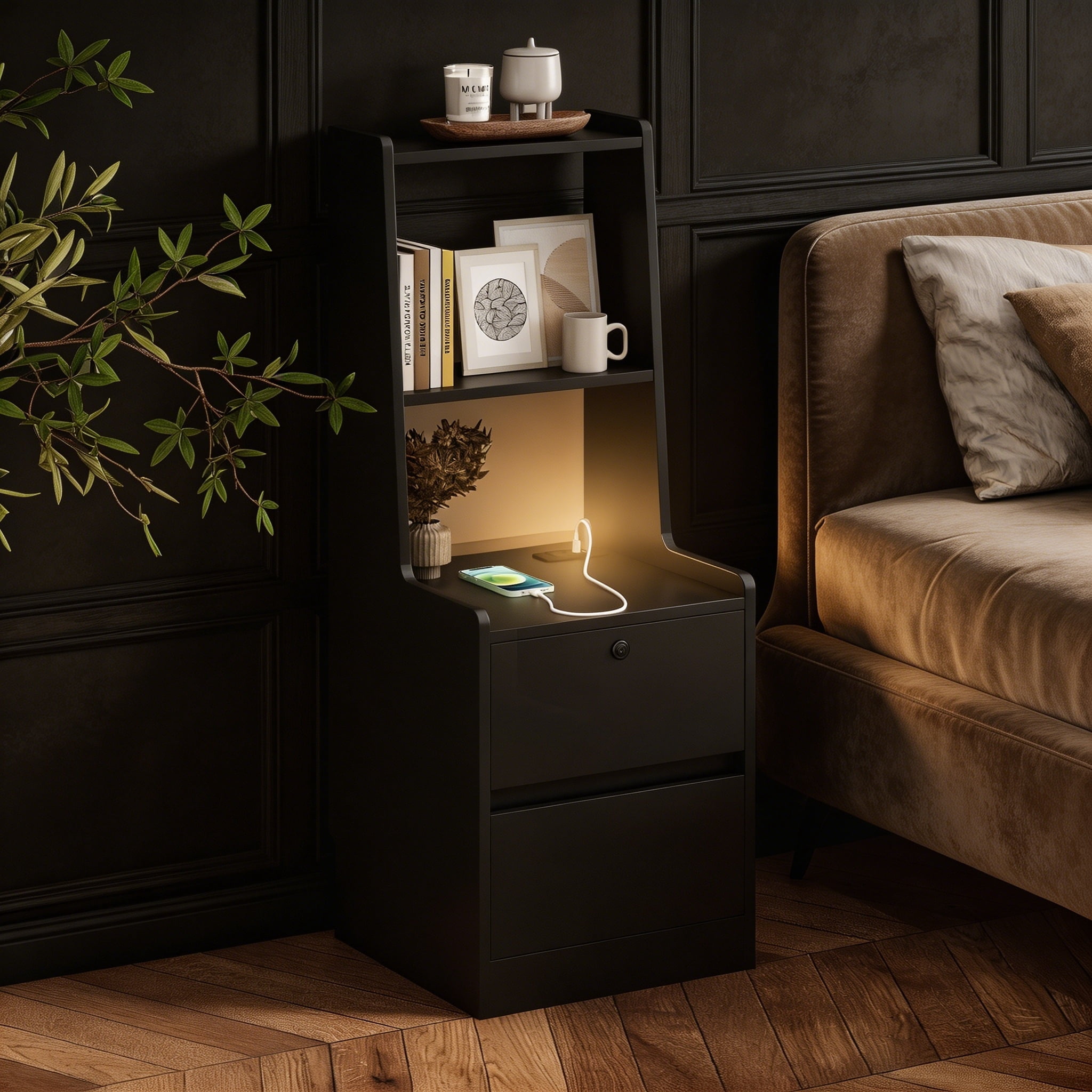 ANPPORT Nightstands Set of 2 with Charging Station and Night Light for Bedroom