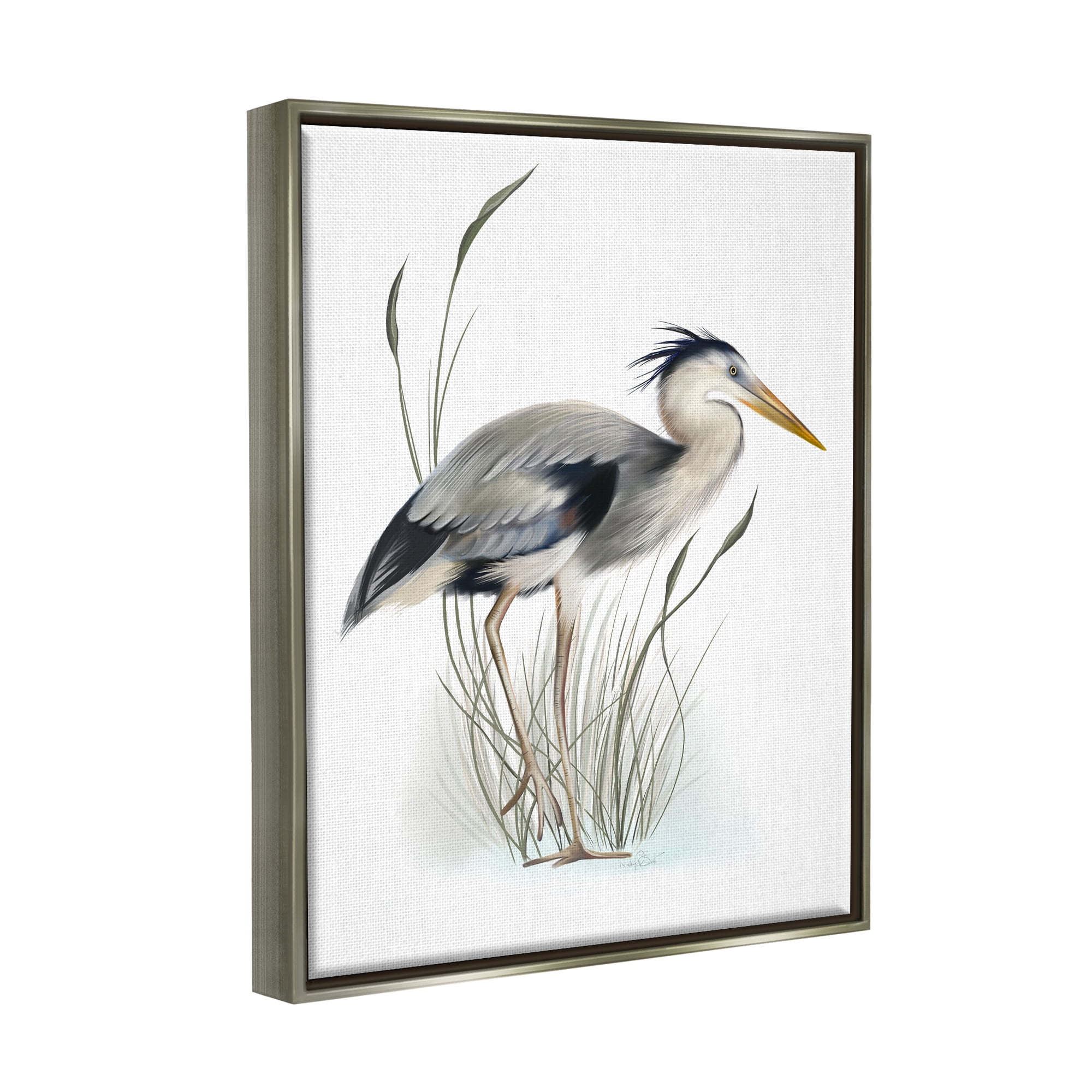 Stupell Industries Detailed Heron Bird Leering Wetland Grass Marsh Graphic Art Luster Gray Floating Framed Canvas Print Wall Art, Design by Studio Q